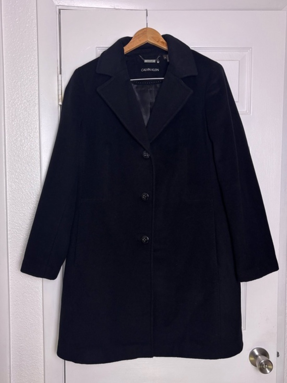 Calvin Klein Black Single-Breasted Wool Trench Coat Women’s Size 14